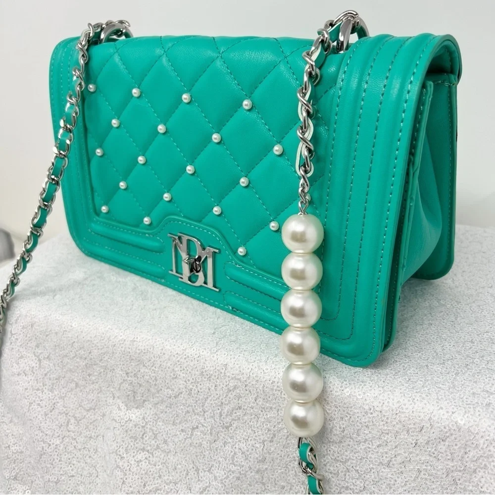 Badgley Mischka Crossbody Purse front quilted pearl studded green